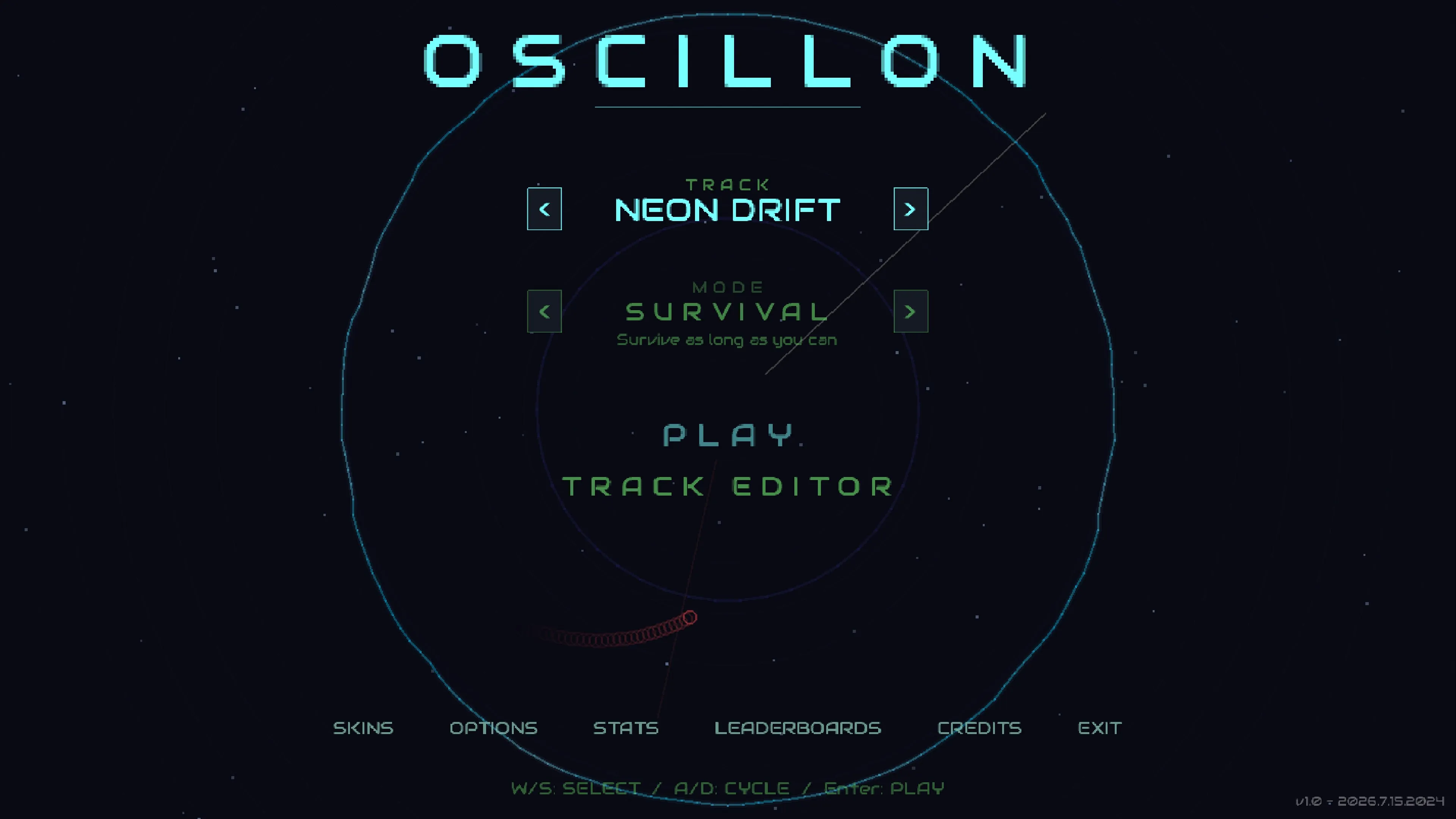 Main menu: pick a track and a mode (Survival, Vibe, Wave, or Challenge)