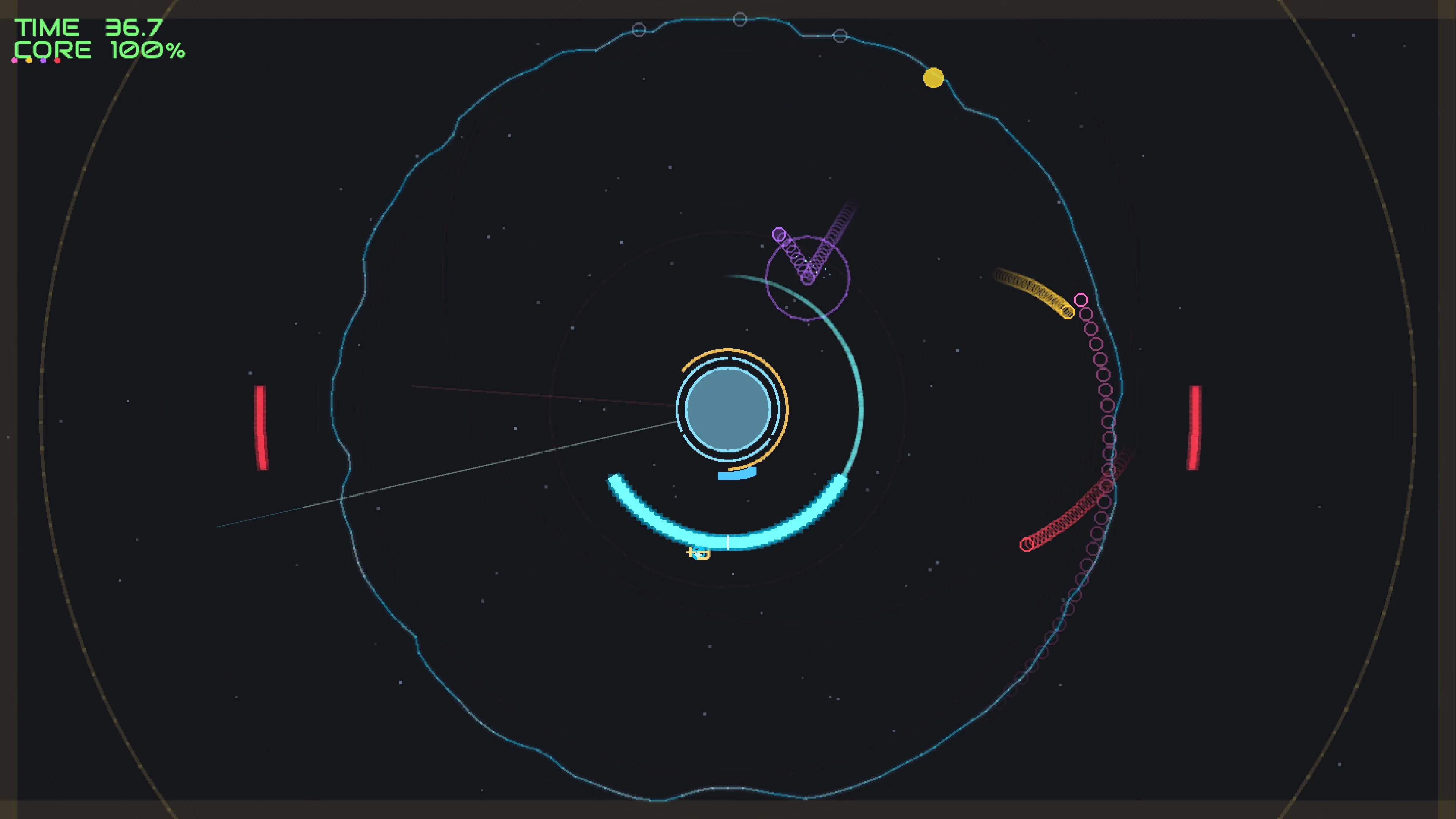 Survival mode: paddles orbit the core, deflecting neon projectile streams
